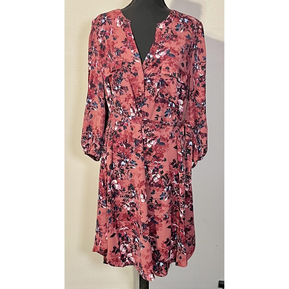 Torrid Dress‎ Womens 1X Pink Floral Long Sleeve Blouson Mini V-Neck Tie Waist